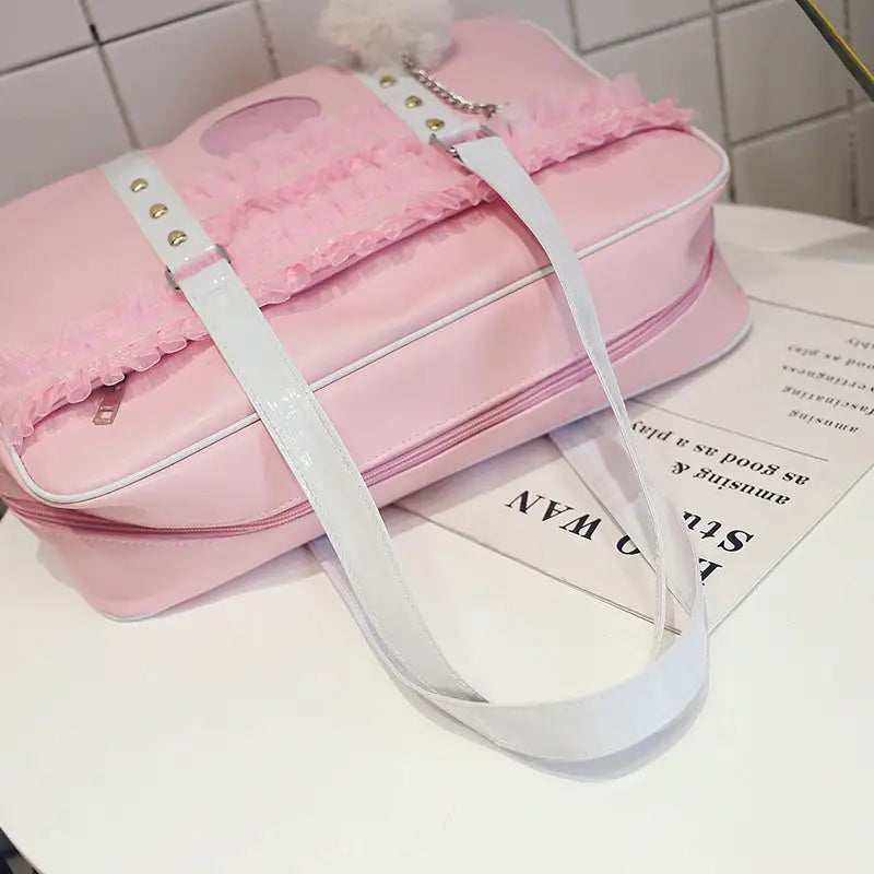 Pastel Pink Kawaii Duffle Handbag with Lace and Bow Details - Purse