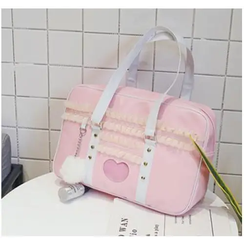 Pastel Pink Kawaii Duffle Handbag with Lace and Bow Details - Purse