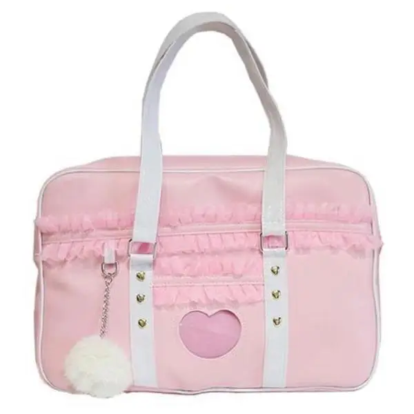 Pastel Pink Kawaii Duffle Handbag with Lace and Bow Details - Pink Lace - Purse