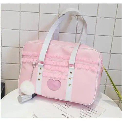 Pastel Pink Kawaii Duffle Handbag with Lace and Bow Details - Purse