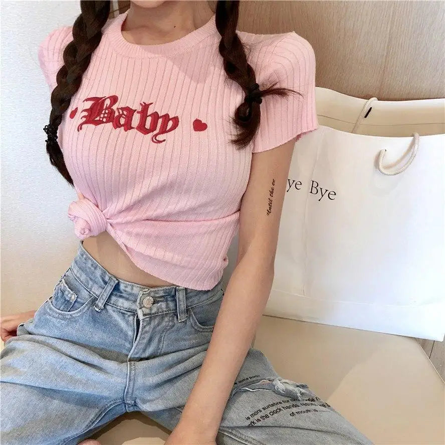 Pastel Pink Knitwear Baby Crop Top with Quality Embroidery - shirt