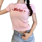 Pastel Pink Knitwear Baby Crop Top with Quality Embroidery - shirt