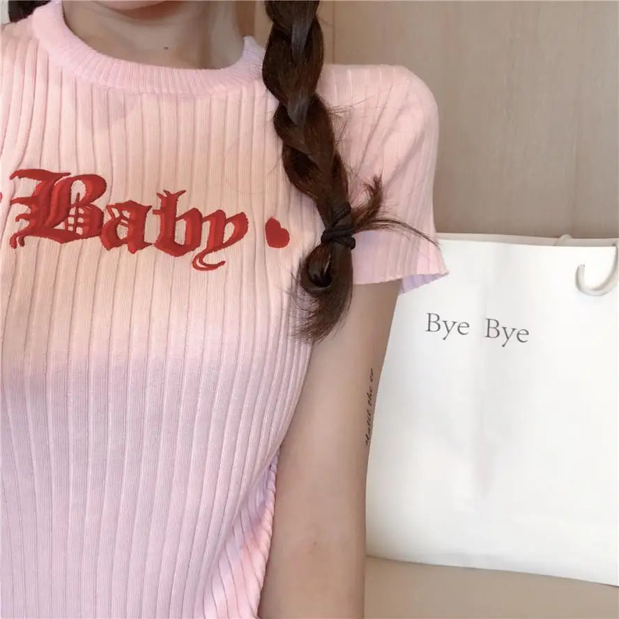 Pastel Pink Knitwear Baby Crop Top with Quality Embroidery - shirt