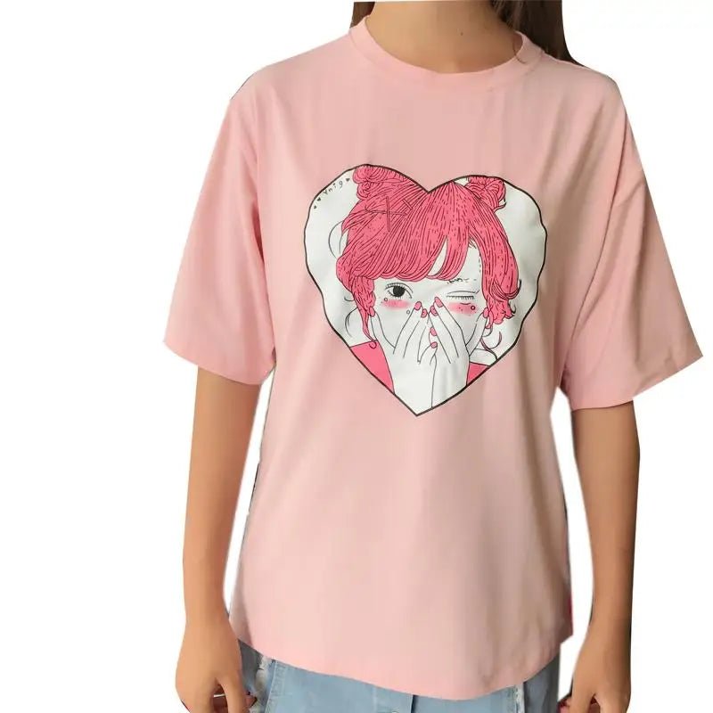 Pastel Pink Oversized T-Shirt with Adorable Anime Girl Design - Cosparty