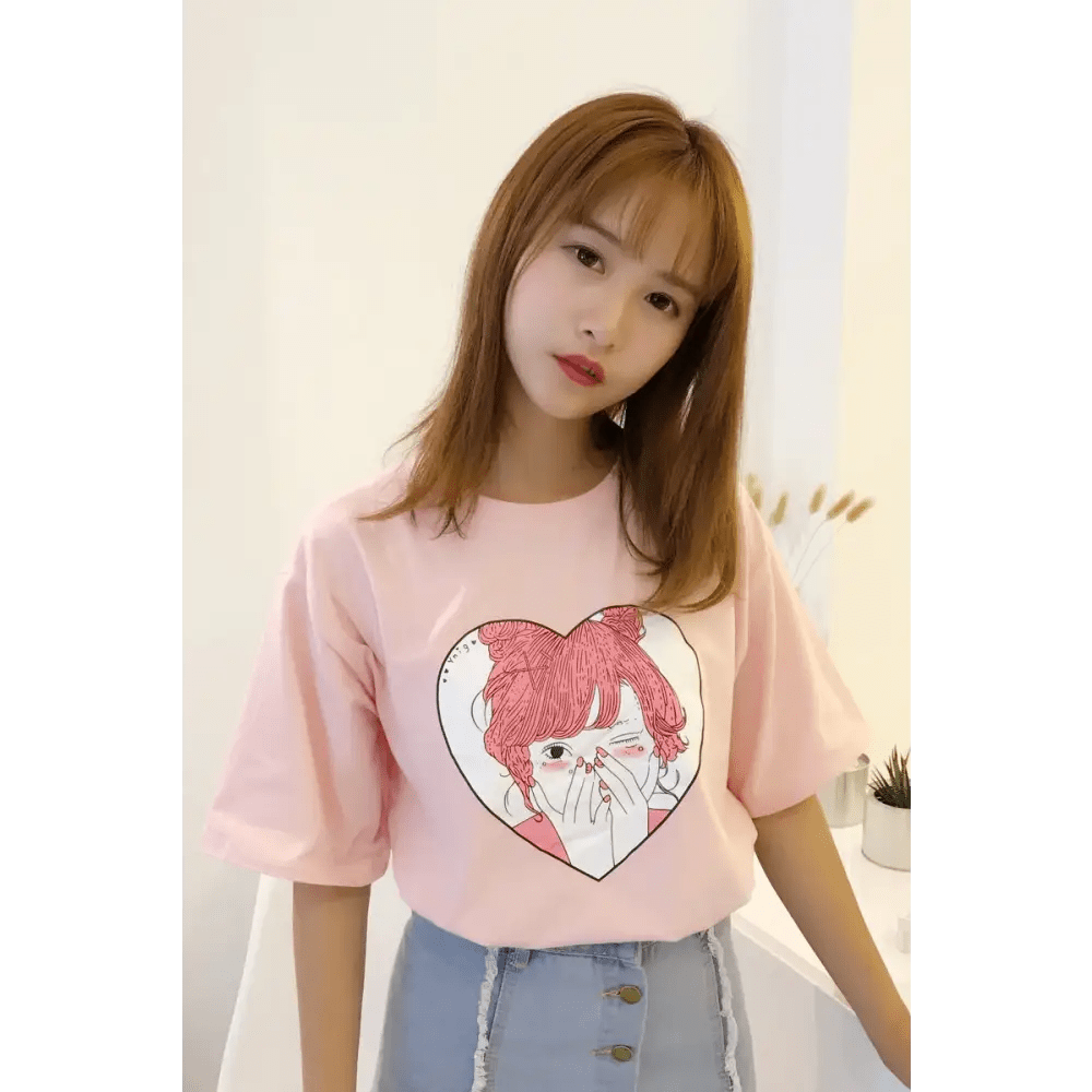 Pastel Pink Oversized T-Shirt with Adorable Anime Girl Design - Cosparty