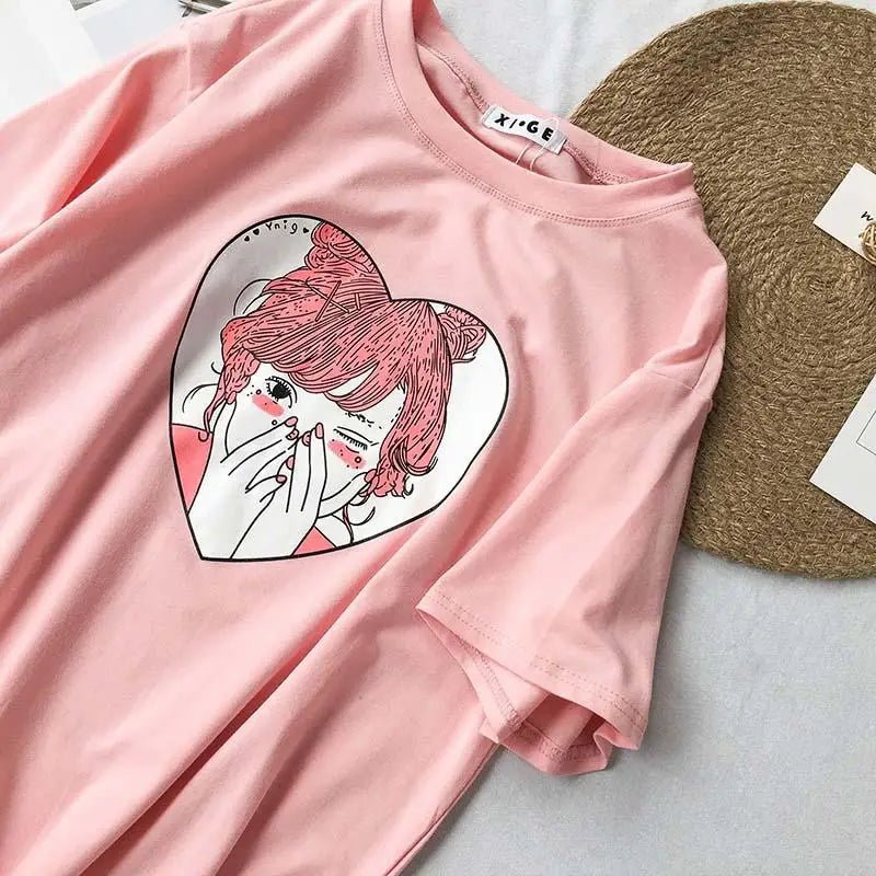 Pastel Pink Oversized T-Shirt with Adorable Anime Girl Design - Cosparty
