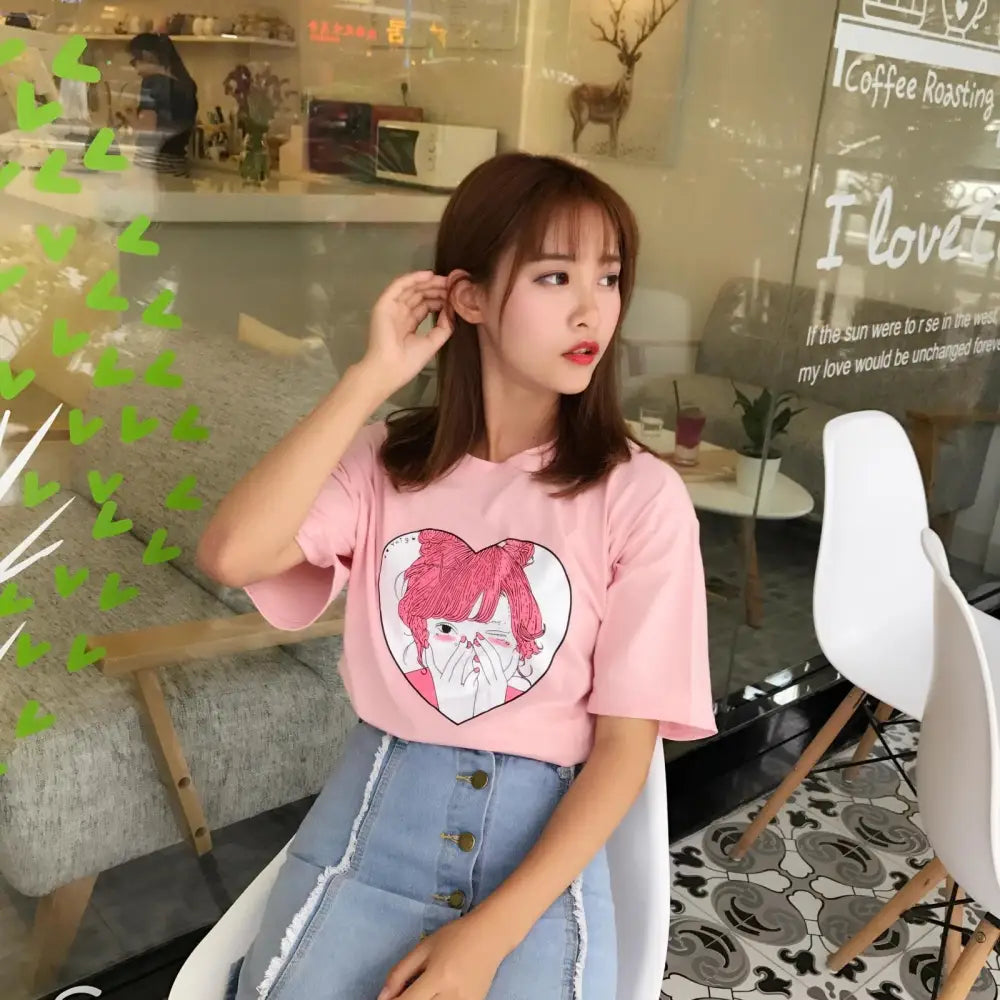 Pastel Pink Oversized T-Shirt with Adorable Anime Girl Design - Shirt