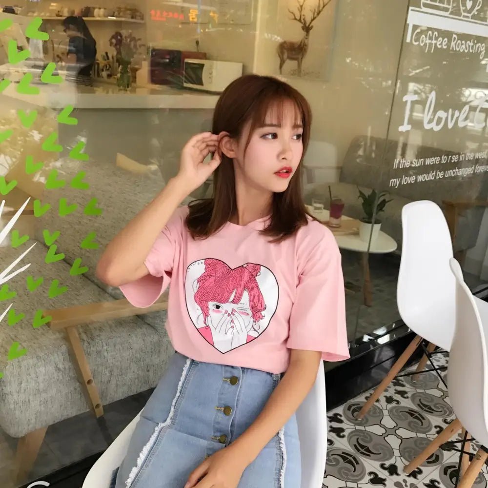 Pastel Pink Oversized T-Shirt with Adorable Anime Girl Design - Cosparty