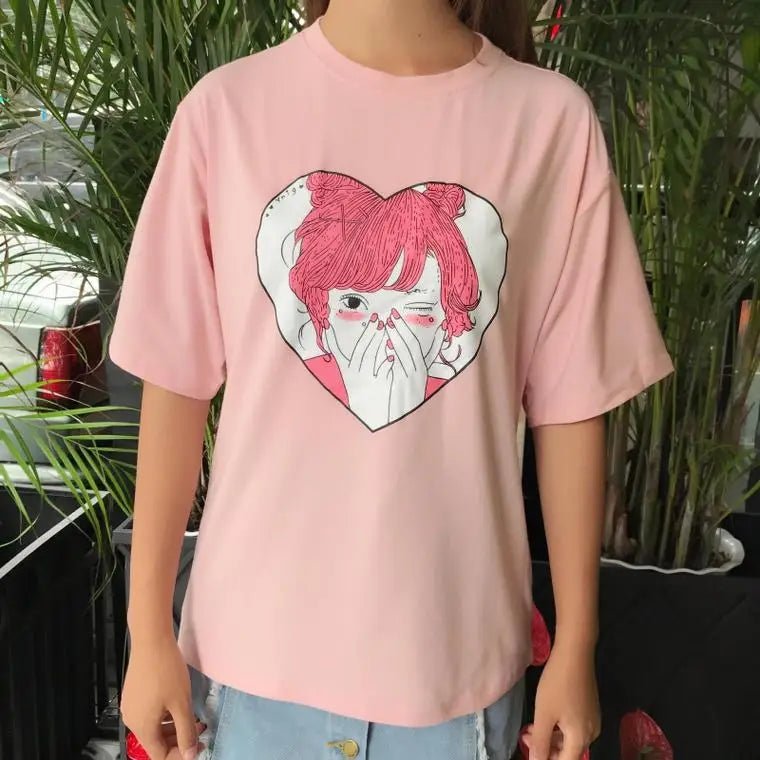 Pastel Pink Oversized T-Shirt with Adorable Anime Girl Design - Cosparty