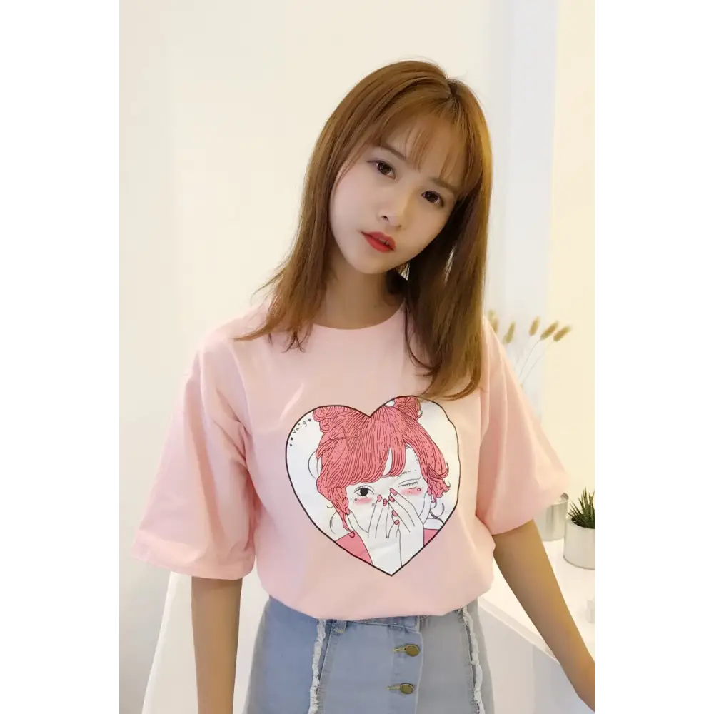 Pastel Pink Oversized T-Shirt with Adorable Anime Girl Design - Shirt