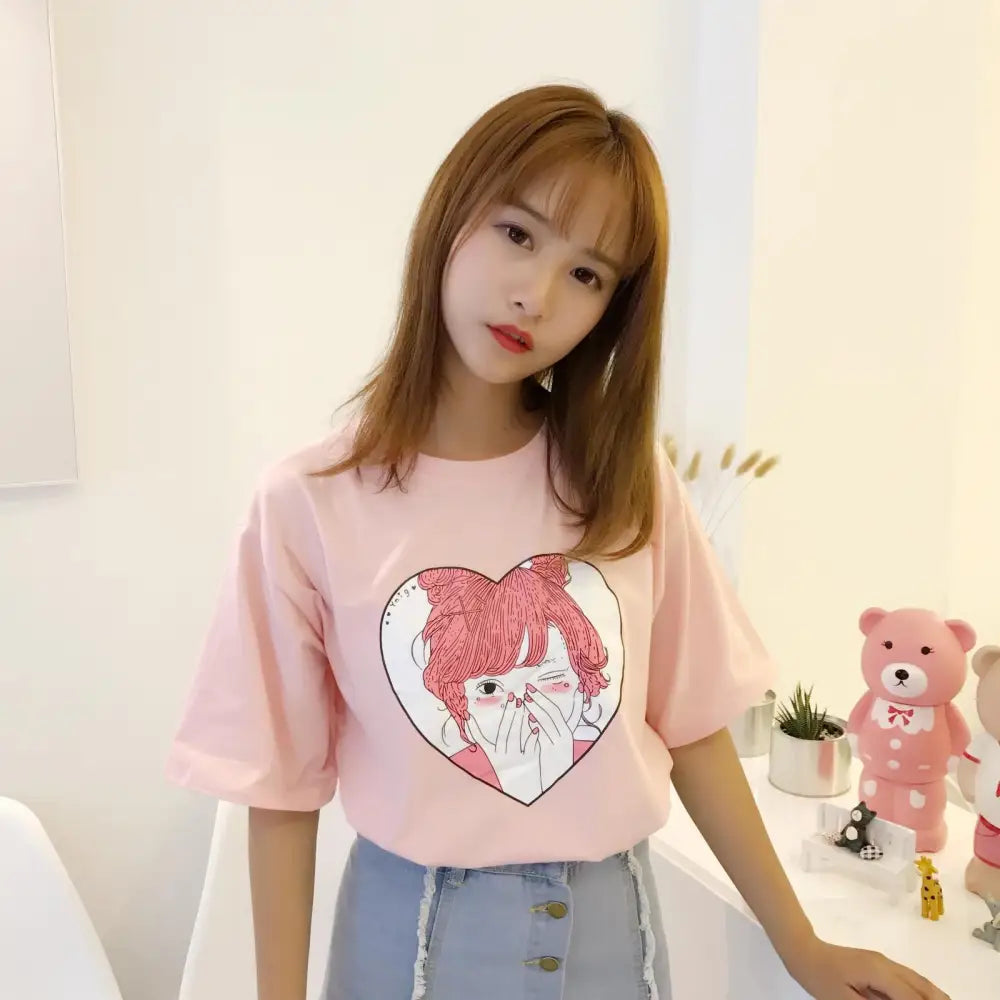 Pastel Pink Oversized T-Shirt with Adorable Anime Girl Design - Shirt