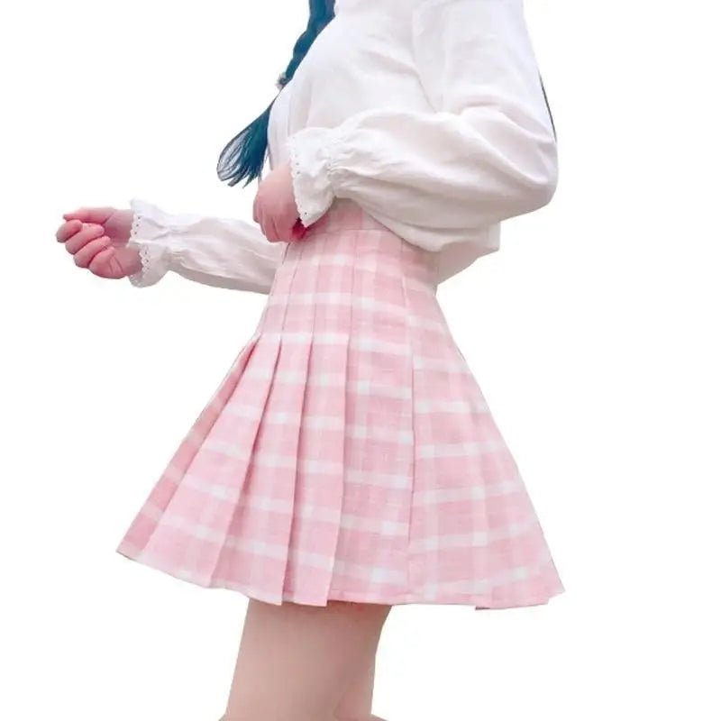 Pastel Pink Plaid School Girl Skirt with Pleats - Cosparty