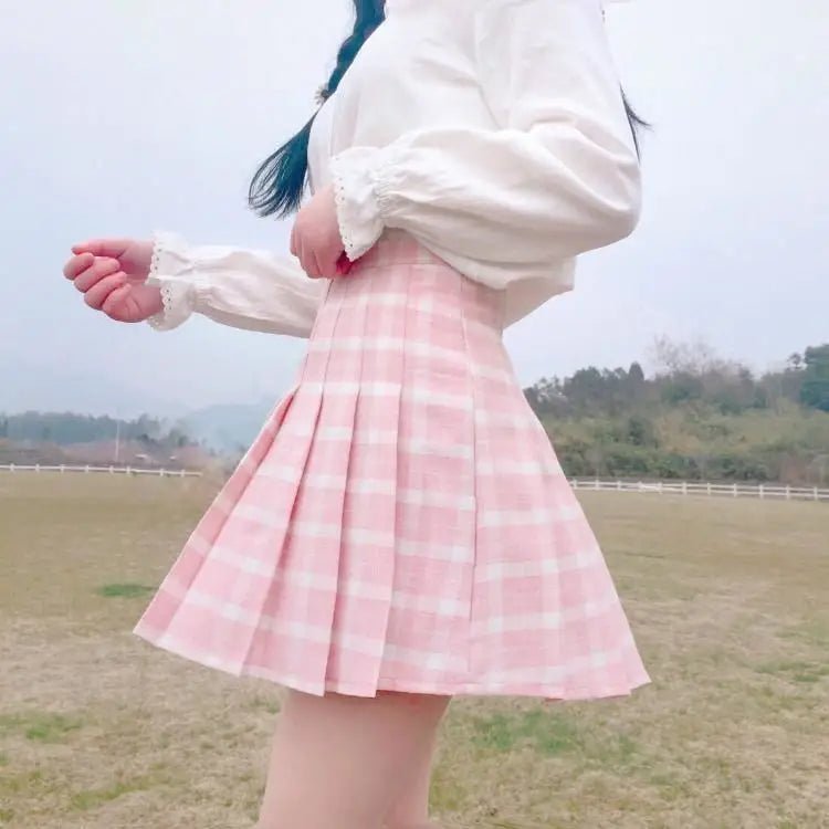 Pastel Pink Plaid School Girl Skirt with Pleats - Cosparty