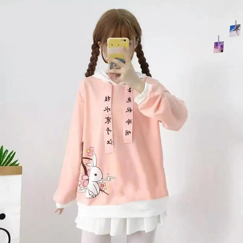Pastel Pink Sakura Blossom Bunny Hoodie in Soft Material - Cosparty