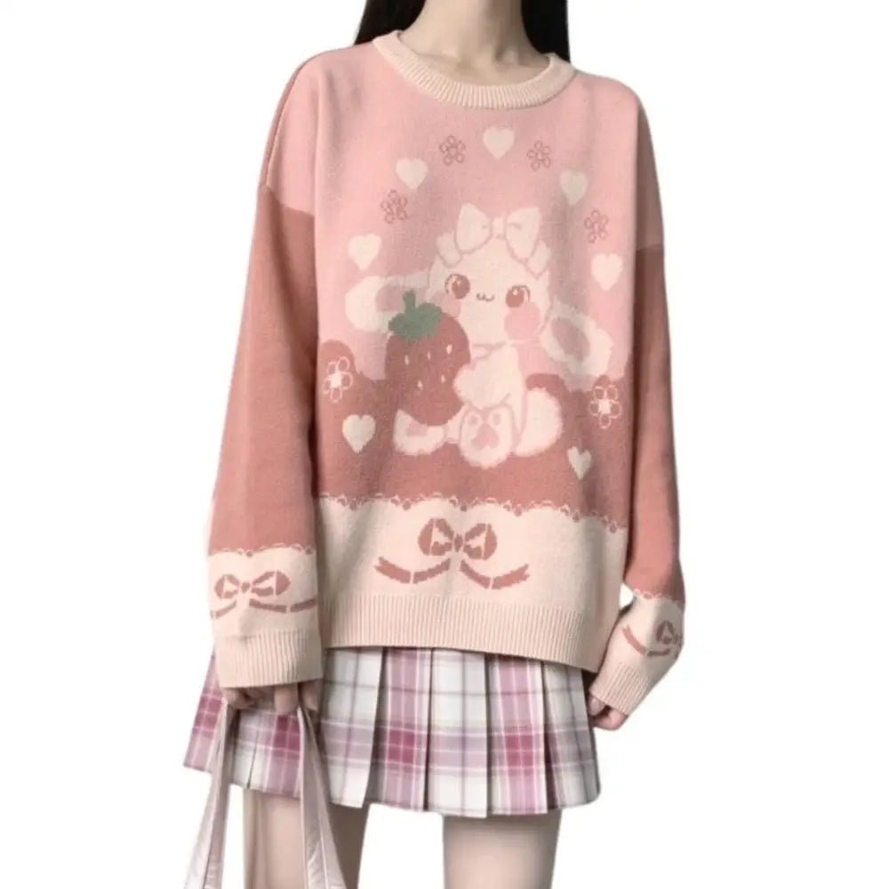 Pastel Pink Strawbunny Crewneck Sweater - Cosparty