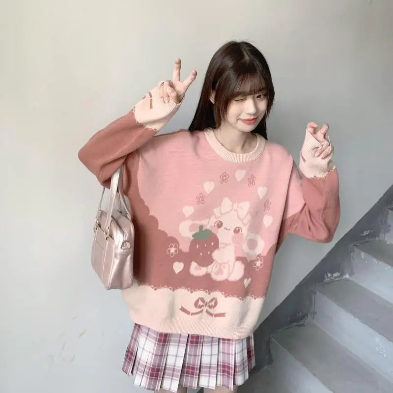 Pastel Pink Strawbunny Crewneck Sweater - sweater