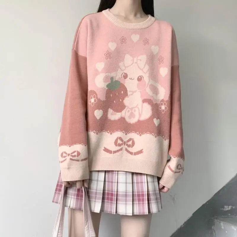 Pastel Pink Strawbunny Crewneck Sweater - sweater