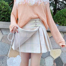 Pastel Plaid Belted Skirt with Vegan Leather Heart Embellishment - Cosparty