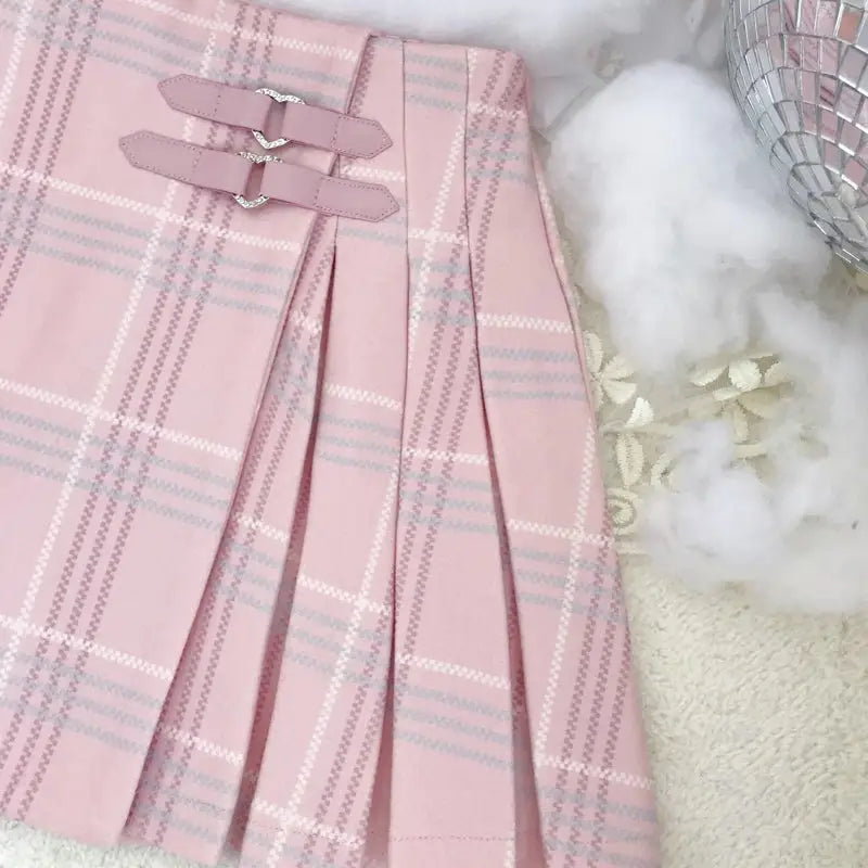 Pastel Plaid Belted Skirt with Vegan Leather Heart Embellishment - skirt