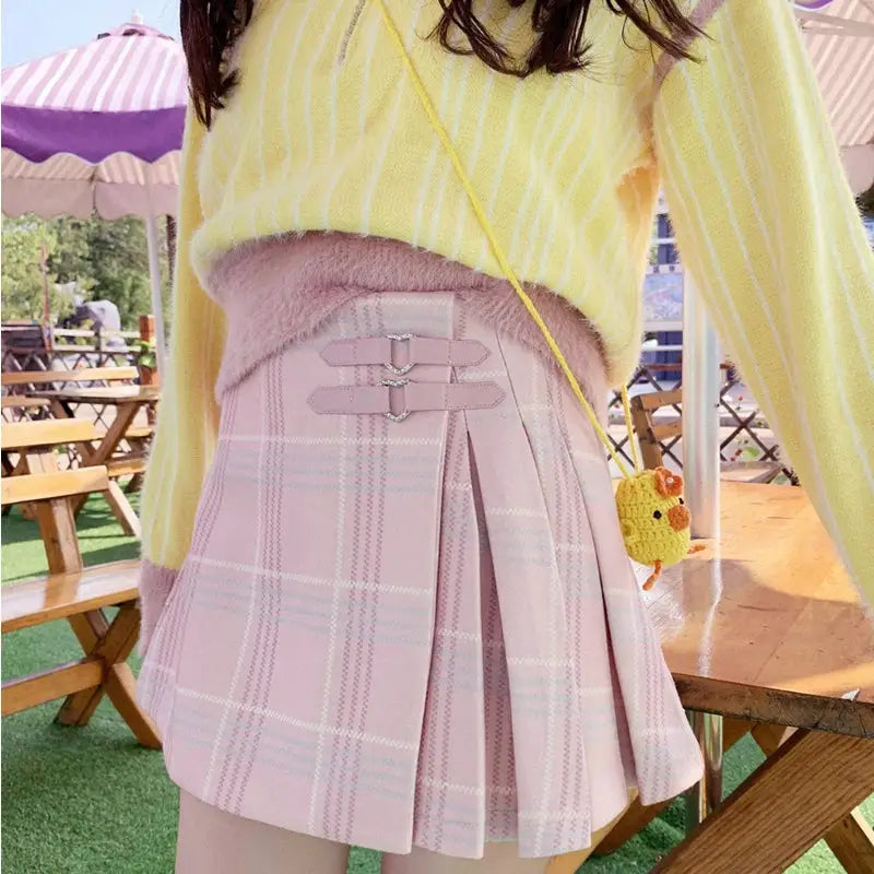 Pastel Plaid Belted Skirt with Vegan Leather Heart Embellishment - skirt