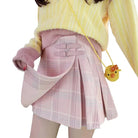 Pastel Plaid Belted Skirt with Vegan Leather Heart Embellishment - Cosparty