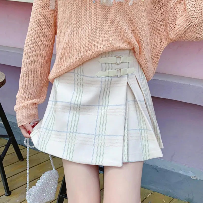 Pastel Plaid Belted Skirt with Vegan Leather Heart Embellishment - skirt