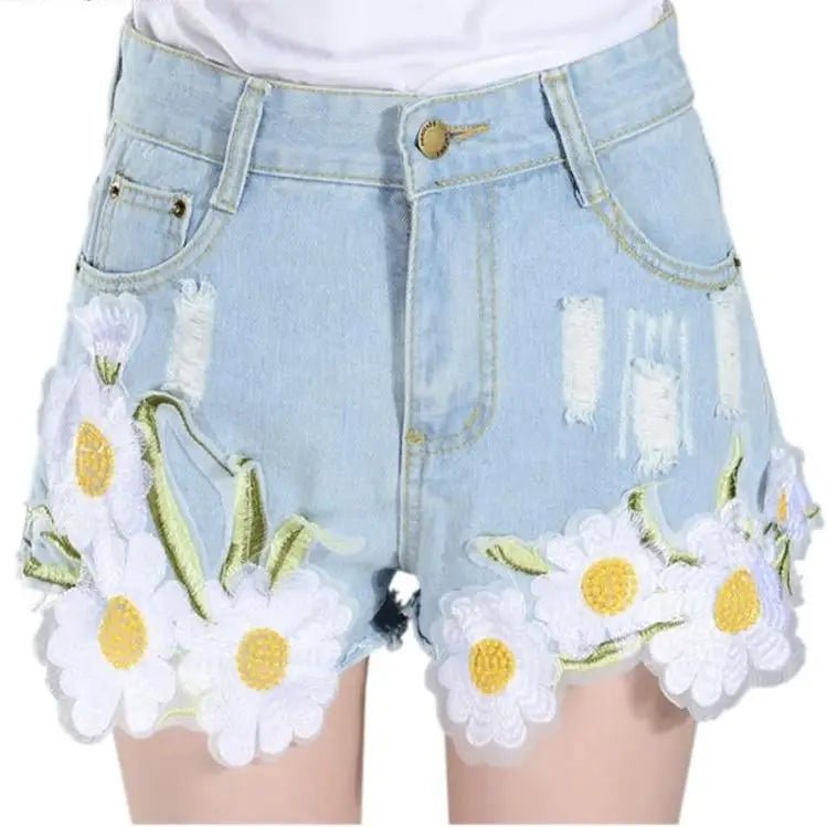 Pastel Princess Embroidered Denim Daisy Shorts - Cosparty