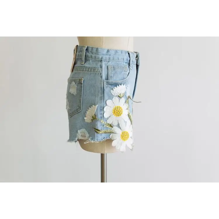 Pastel Princess Embroidered Denim Daisy Shorts - shorts