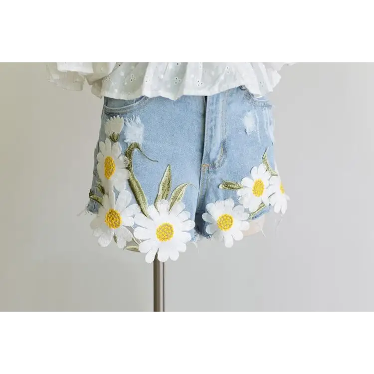 Pastel Princess Embroidered Denim Daisy Shorts - shorts