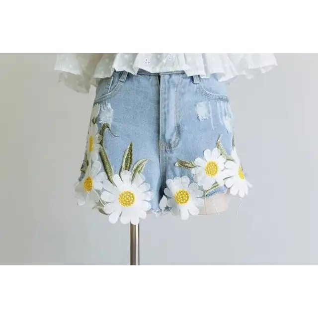 Pastel Princess Embroidered Denim Daisy Shorts - shorts