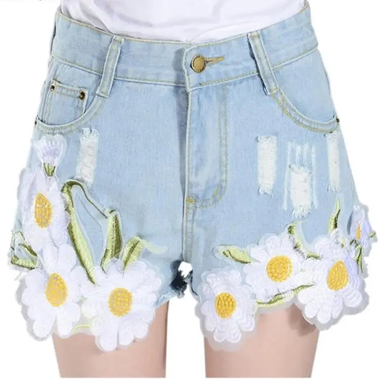 Pastel Princess Embroidered Denim Daisy Shorts - shorts