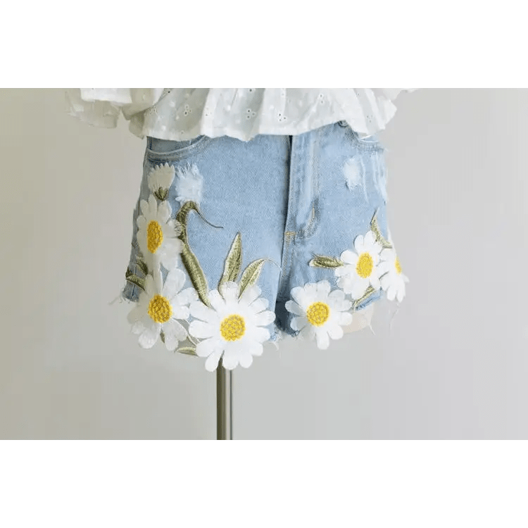 Pastel Princess Embroidered Denim Daisy Shorts - Cosparty