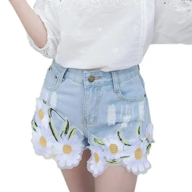 Pastel Princess Embroidered Denim Daisy Shorts - S - shorts