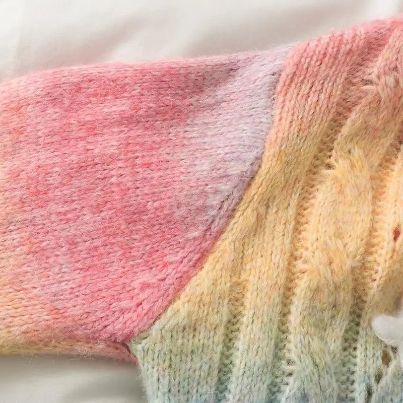 Pastel Rainbow Knit Cardigan Sweater with Girly Hippie Vibes - Cosparty