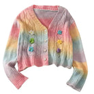 Pastel Rainbow Knit Cardigan Sweater with Girly Hippie Vibes - Cosparty