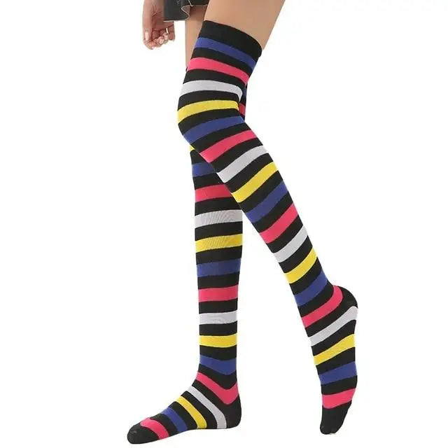 Pastel Rainbow Thigh High Socks for Kawaii Pride Lovers - Black Striped - stockings