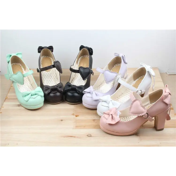 Pastel Sweet Lolita Heels with Heart Embellishments and Bows - Shoes