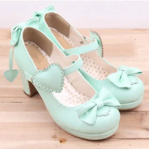 Pastel Sweet Lolita Heels with Heart Embellishments and Bows - Shoes