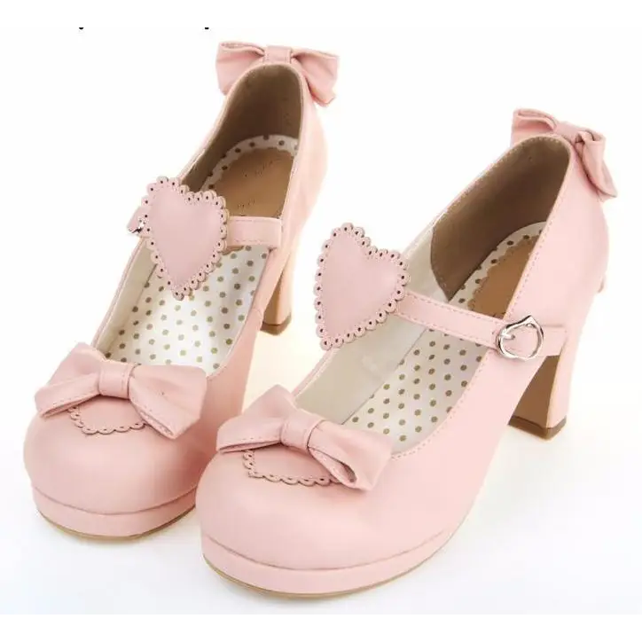 Pastel Sweet Lolita Heels with Heart Embellishments and Bows - Shoes