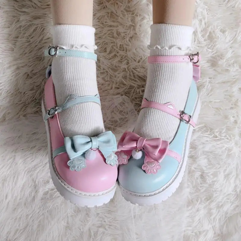 Sweet Lolita Paw Maryjanes - Pink/Blue / 7 - embroidered, embroidery, loafers, lolita, lolita heels