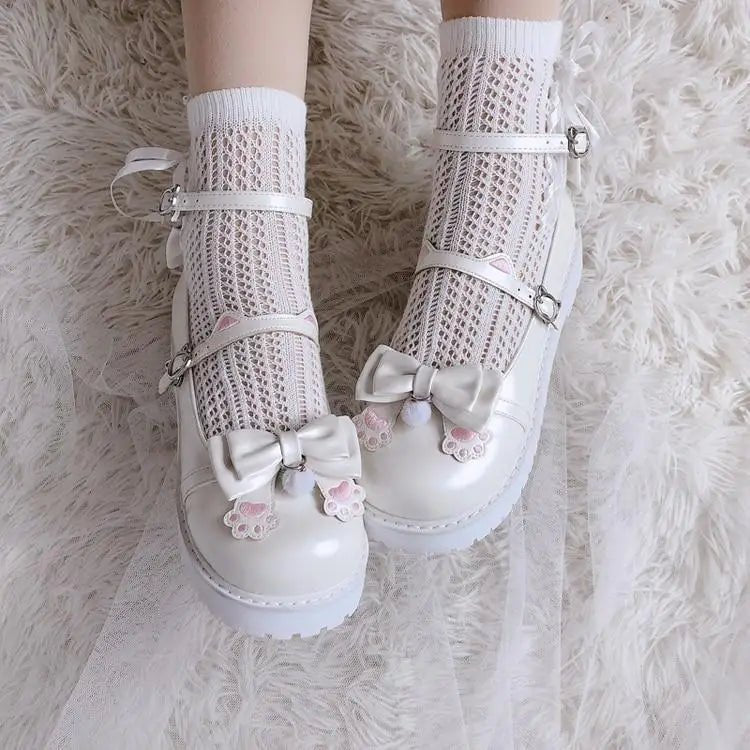 Pastel Sweet Lolita Shoes with Cute Embroidered Paw Prints - Cosparty