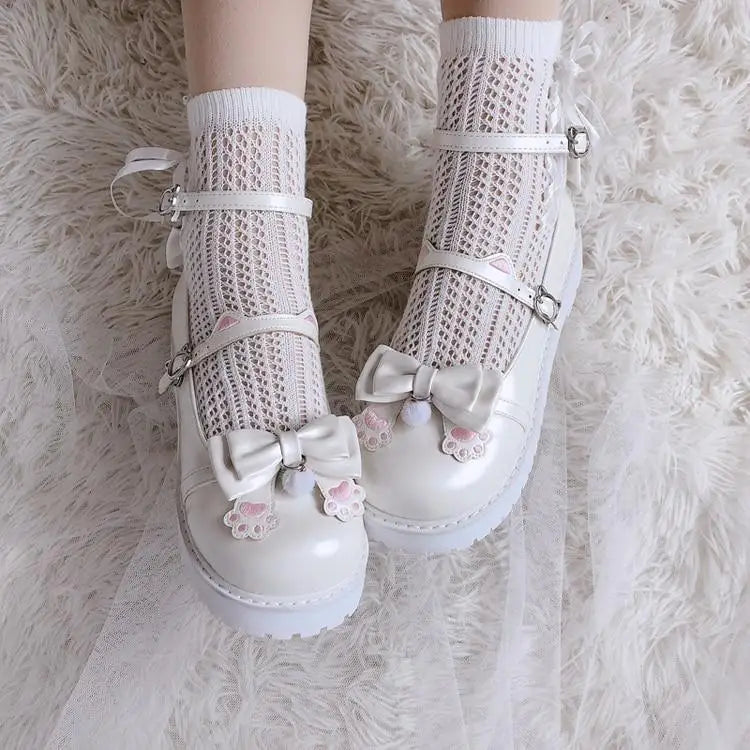 Pastel Sweet Lolita Shoes with Cute Embroidered Paw Prints - shoes