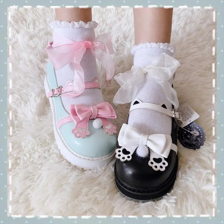 Pastel Sweet Lolita Shoes with Cute Embroidered Paw Prints - shoes