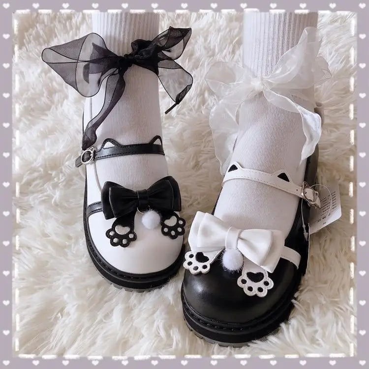 Pastel Sweet Lolita Shoes with Cute Embroidered Paw Prints - shoes