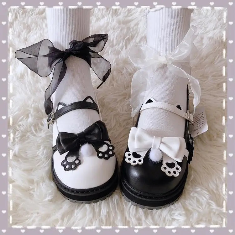 Pastel Sweet Lolita Shoes with Cute Embroidered Paw Prints - shoes