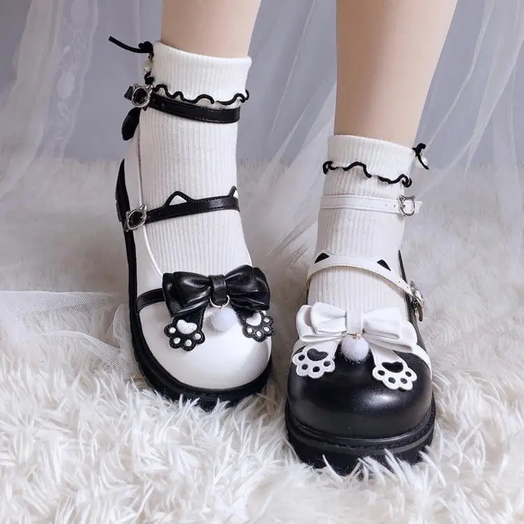 Pastel Sweet Lolita Shoes with Cute Embroidered Paw Prints - shoes