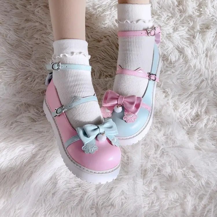 Pastel Sweet Lolita Shoes with Cute Embroidered Paw Prints - Cosparty