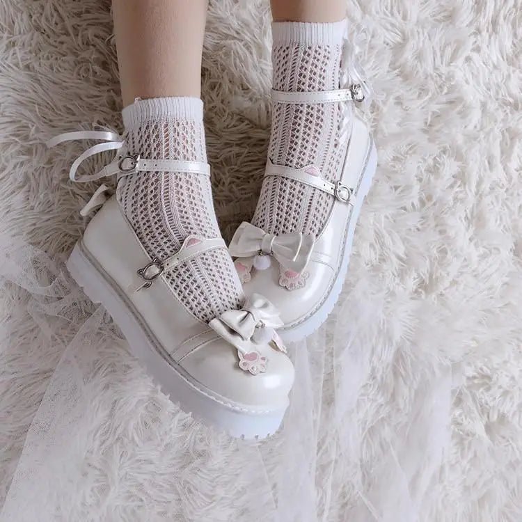 Pastel Sweet Lolita Shoes with Cute Embroidered Paw Prints - Cosparty