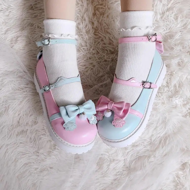 Pastel Sweet Lolita Shoes with Cute Embroidered Paw Prints - shoes