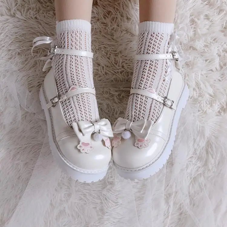 Pastel Sweet Lolita Shoes with Cute Embroidered Paw Prints - Cosparty